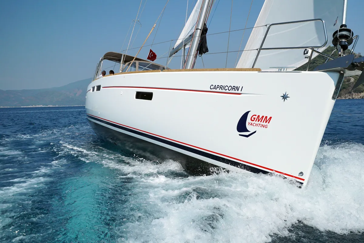 Exterior view of Capricorn, a Jeanneau Sun Odyssey 479 sailboat at Marmaris, Turkey