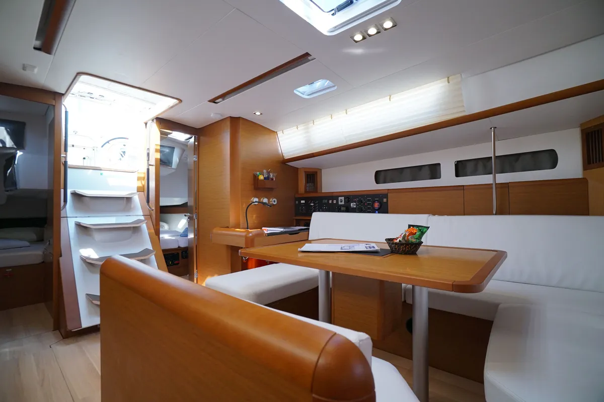 Salon of Capricorn, a Jeanneau Sun Odyssey 479 sailboat at Marmaris, Turkey