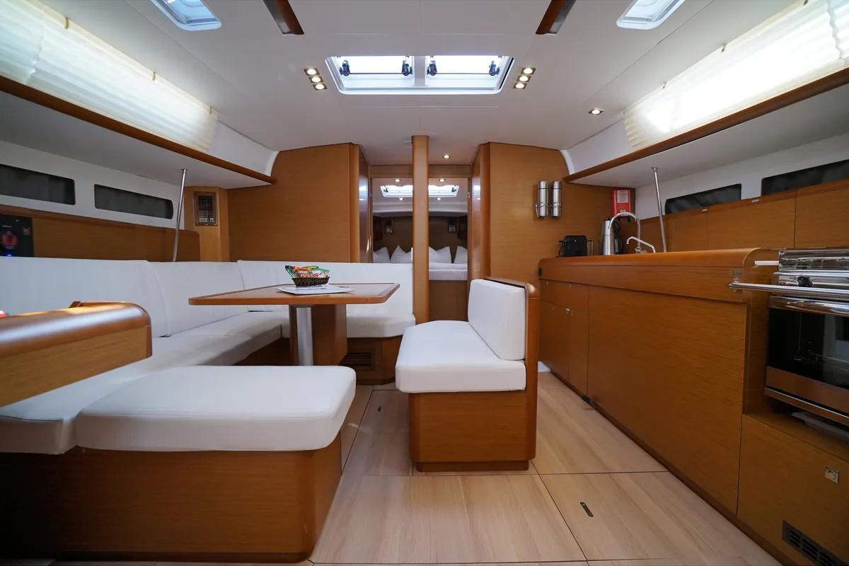Salon of Capricorn, a Jeanneau Sun Odyssey 479 sailboat at Marmaris, Turkey