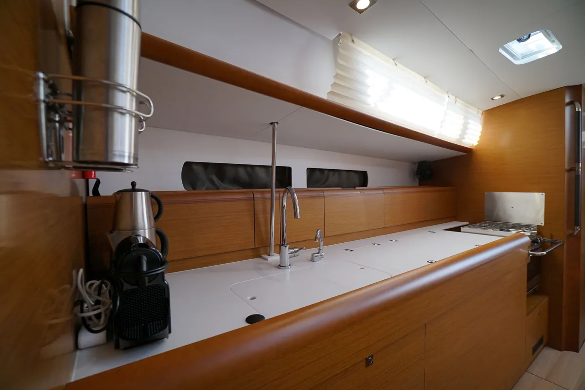 Galley of Capricorn, a Jeanneau Sun Odyssey 479 sailboat at Marmaris, Turkey