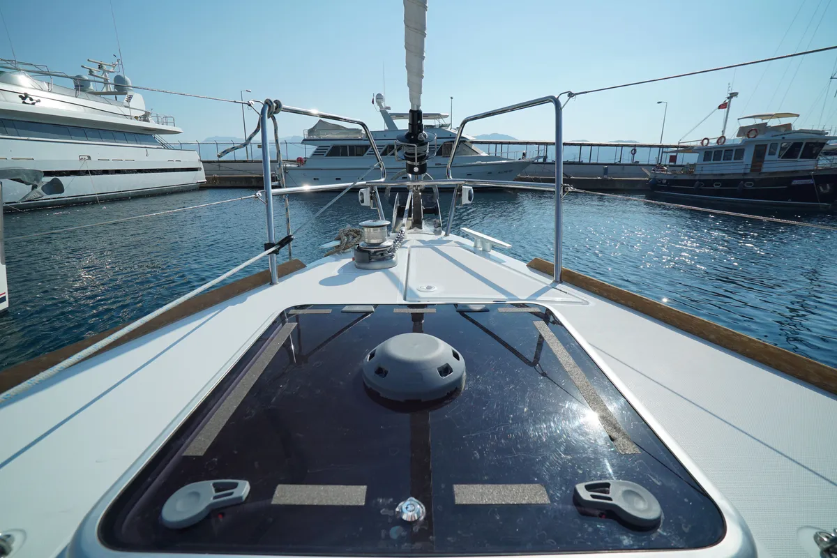 Deck of Capricorn, a Jeanneau Sun Odyssey 479 sailboat at Marmaris, Turkey