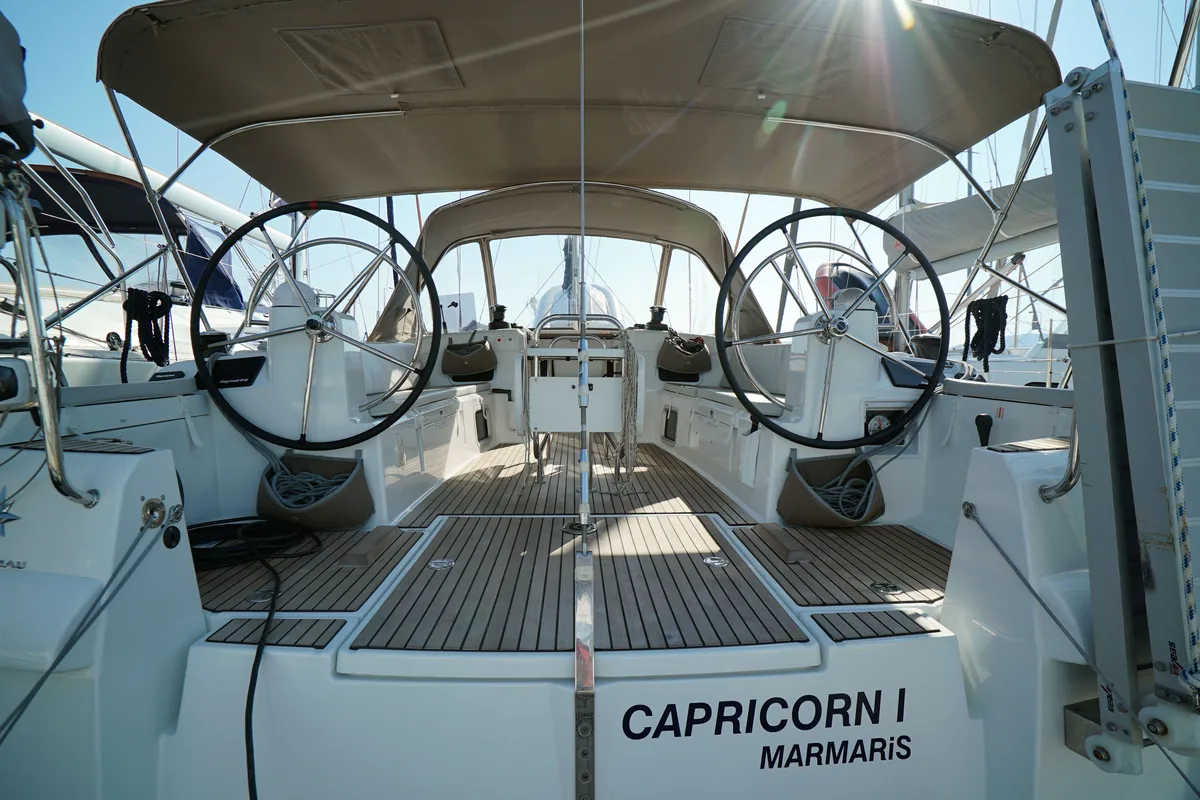 Cockpit of Capricorn, a Jeanneau Sun Odyssey 479 sailboat at Marmaris, Turkey