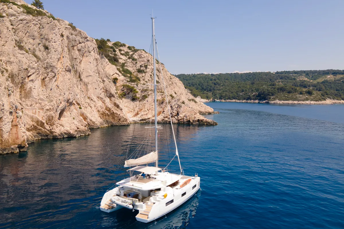 Exterior view of Sophie, a Lagoon 46 catamaran at Trogir, Croatia