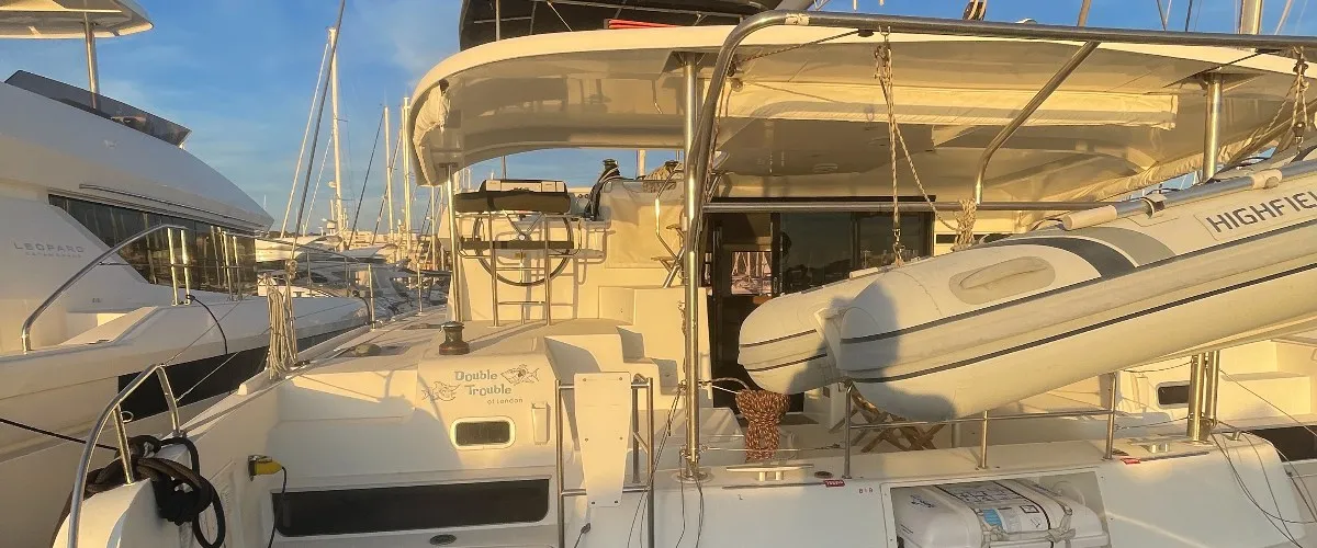 Exterior view of Double Trouble, a Lagoon 42 catamaran at Ventimiglia, Italy