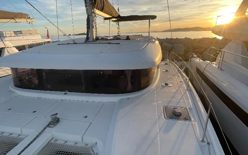Exterior view of Double Trouble, a Lagoon 42 catamaran at Ventimiglia, Italy