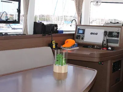 Cockpit of Double Trouble, a Lagoon 42 catamaran at Ventimiglia, Italy