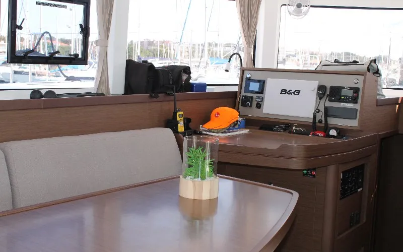 Cockpit of Double Trouble, a Lagoon 42 catamaran at Ventimiglia, Italy