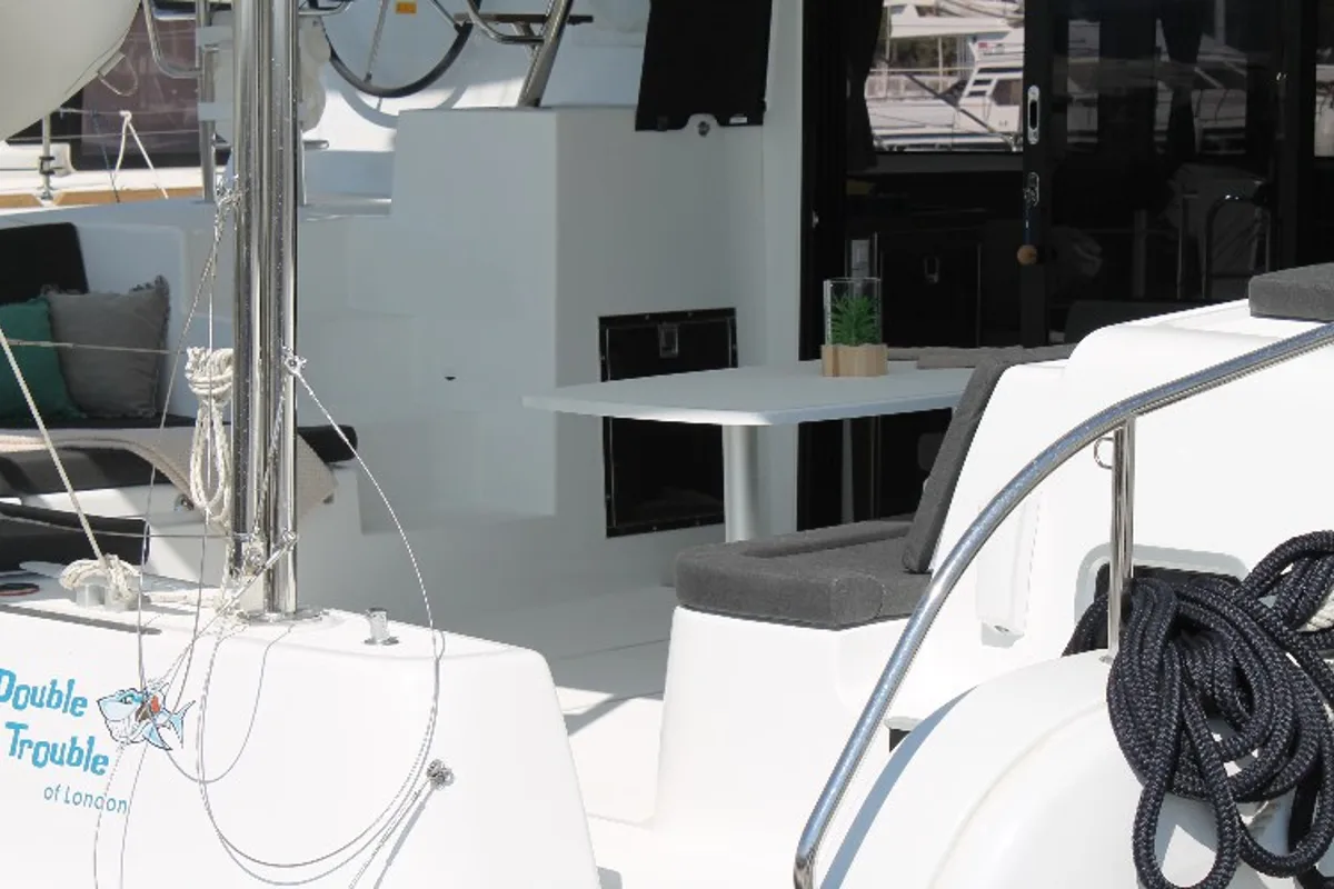 Deck of Double Trouble, a Lagoon 42 catamaran at Ventimiglia, Italy