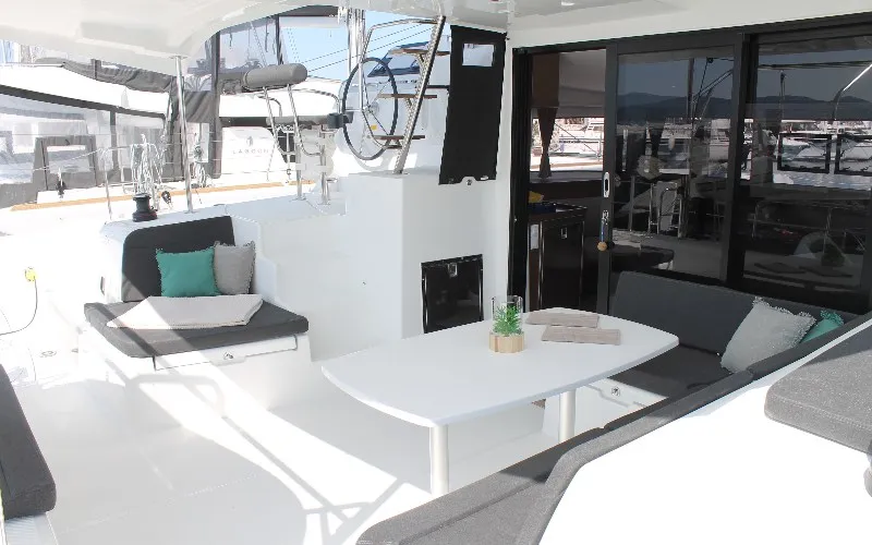 Deck of Double Trouble, a Lagoon 42 catamaran at Ventimiglia, Italy