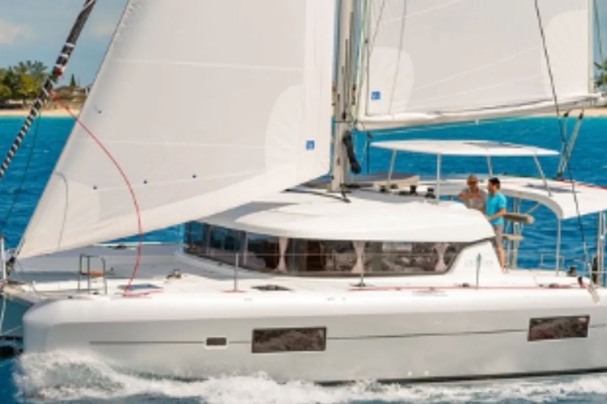 Exterior view of Double Trouble, a Lagoon 42 catamaran at Ventimiglia, Italy