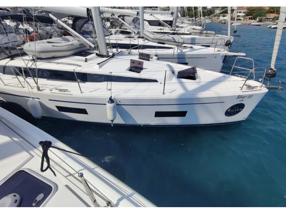 Exterior view of Silver VII, a Bavaria C42 sailboat at Athens, Greece