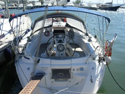 Cockpit of Meander, a Bavaria 38 sailboat at Sithonia Municipal Unit, Greece