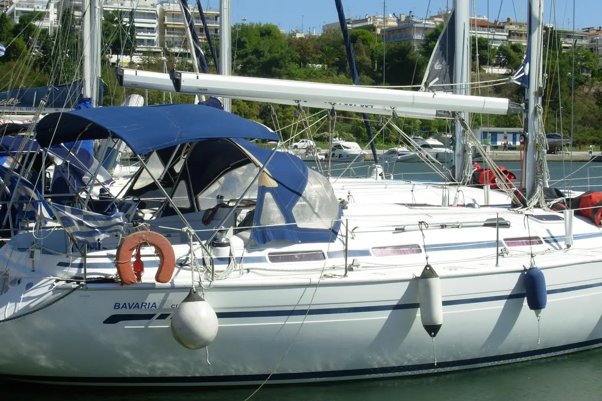 Exterior view of Meander, a Bavaria 38 sailboat at Sithonia Municipal Unit, Greece