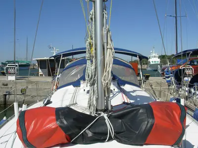 Deck of Meander, a Bavaria 38 sailboat at Sithonia Municipal Unit, Greece