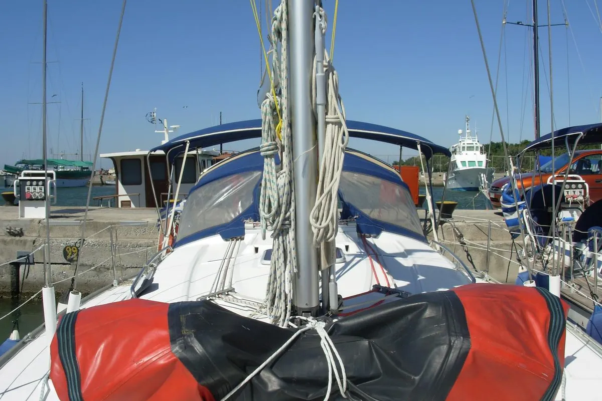 Deck of Meander, a Bavaria 38 sailboat at Sithonia Municipal Unit, Greece