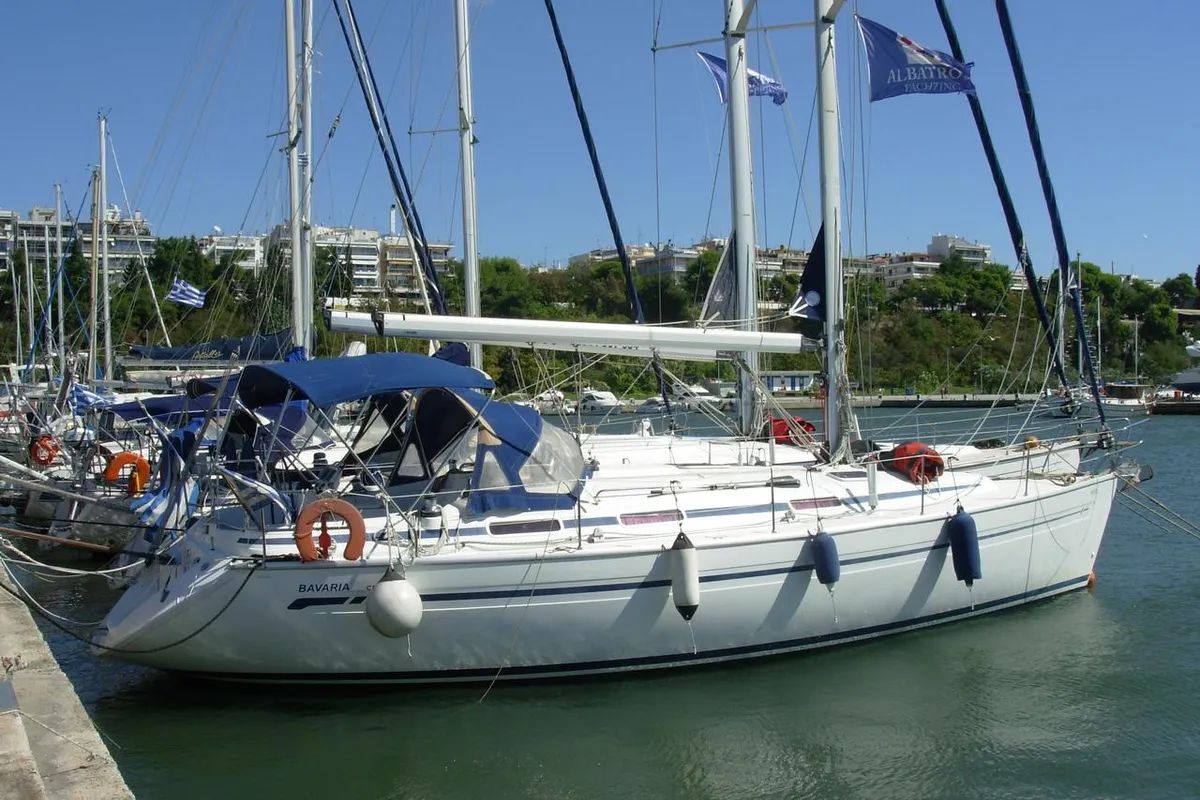 Exterior view of Meander, a Bavaria 38 sailboat at Sithonia Municipal Unit, Greece