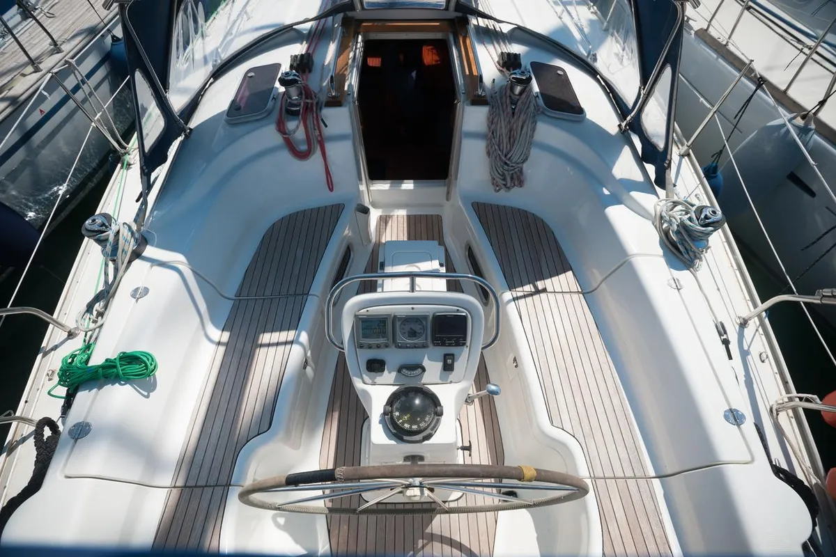 Cockpit of Meander, a Bavaria 38 sailboat at Sithonia Municipal Unit, Greece