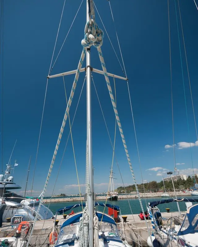 Exterior view of Meander, a Bavaria 38 sailboat at Sithonia Municipal Unit, Greece