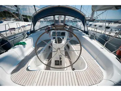 Cockpit of Meander, a Bavaria 38 sailboat at Sithonia, Greece