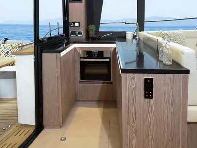 Galley of Blue Lagoon, a Sealine F430 motor yacht at Punat, Croatia