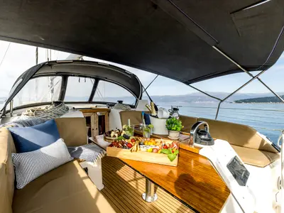 Deck of Bella Vita, a Bavaria Cruiser 46 sailboat at Split, Croatia