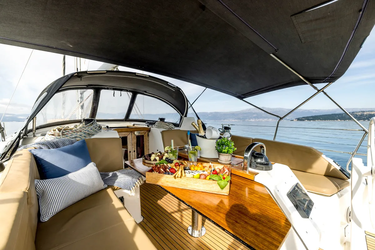 Deck of Bella Vita, a Bavaria Cruiser 46 sailboat at Split, Croatia