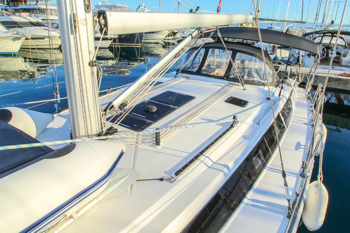 Deck of Bella Vita, a Bavaria Cruiser 46 sailboat at Split, Croatia