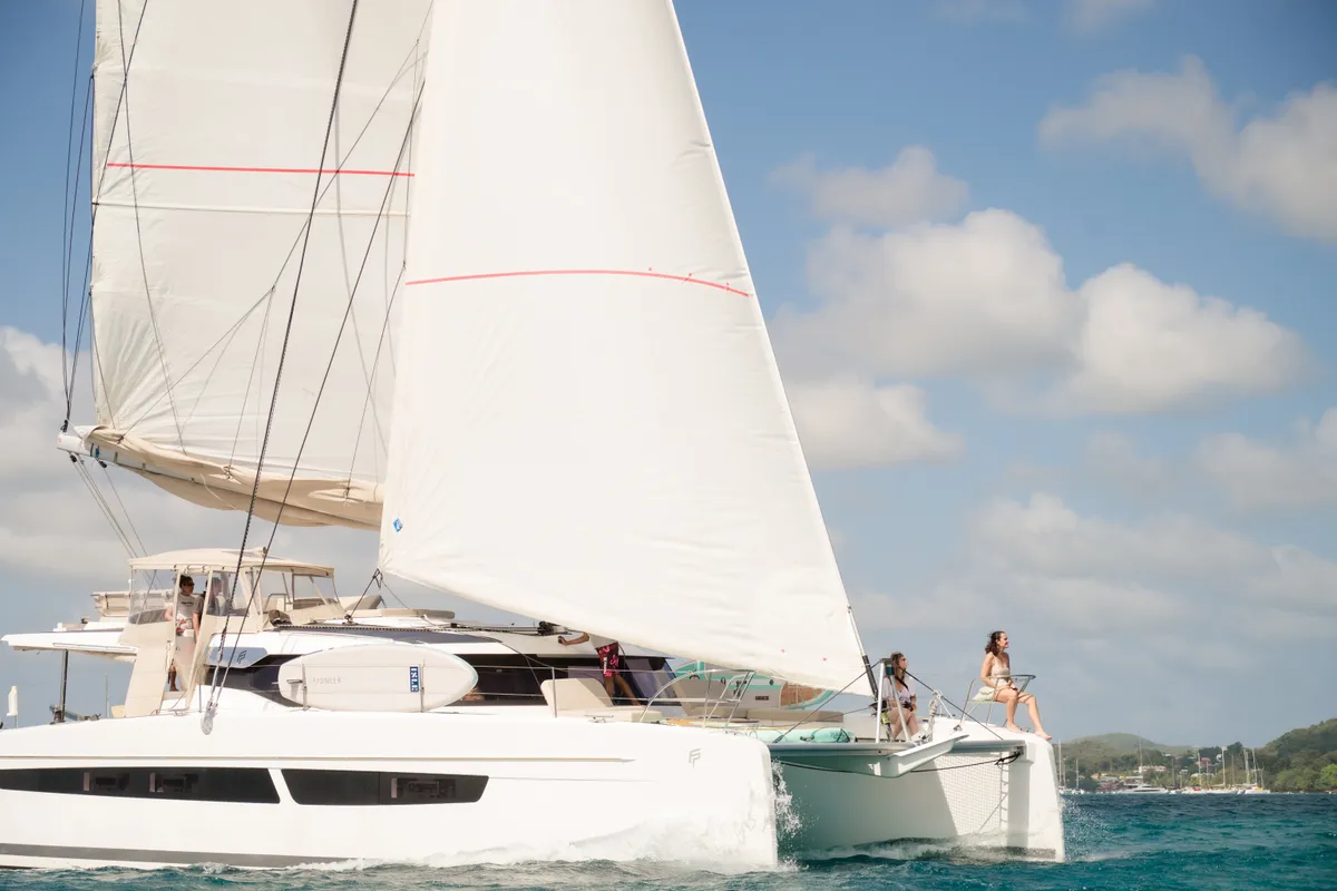 Exterior view of Beyond, a Fountaine Pajot Aura 51 catamaran at Alameda, United States