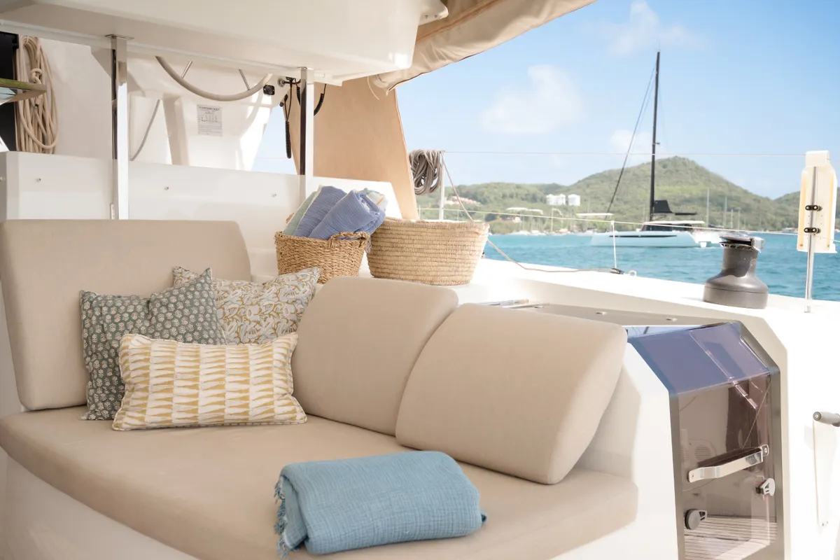 Deck of Beyond, a Fountaine Pajot Aura 51 catamaran at Alameda, United States