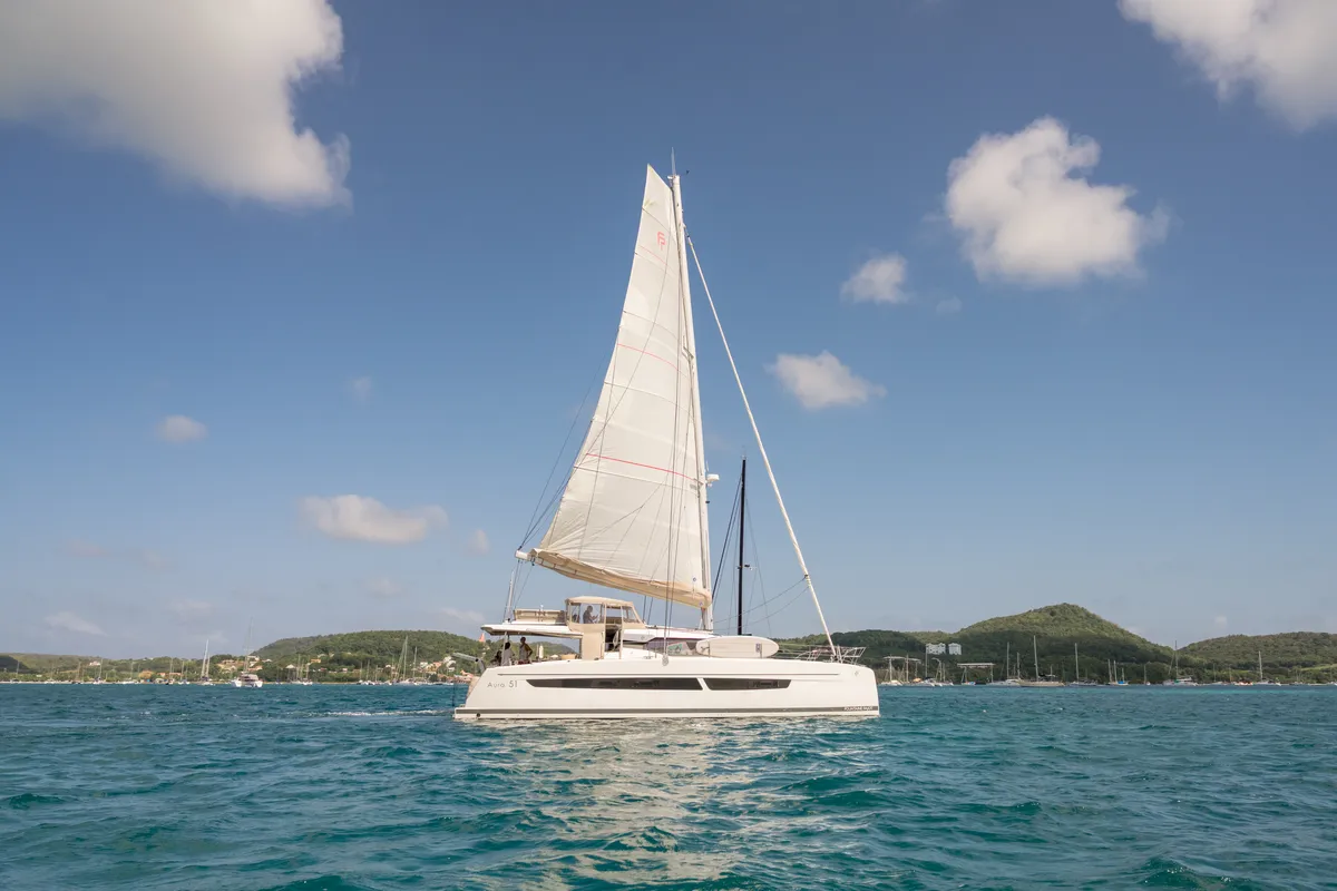 Exterior view of Beyond, a Fountaine Pajot Aura 51 catamaran at Alameda, United States