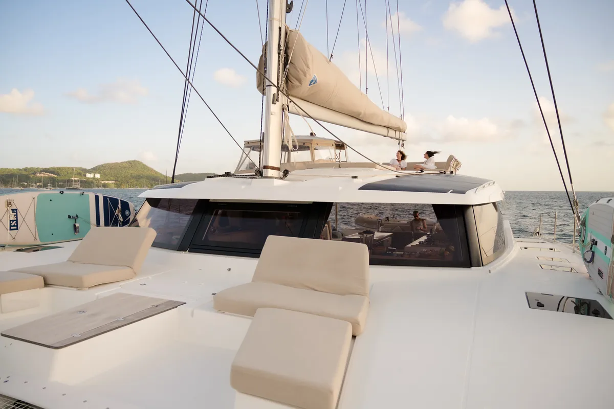 Deck of Beyond, a Fountaine Pajot Aura 51 catamaran at Alameda, United States