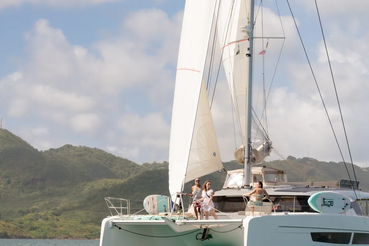 Exterior view of Beyond, a Fountaine Pajot Aura 51 catamaran at Alameda, United States