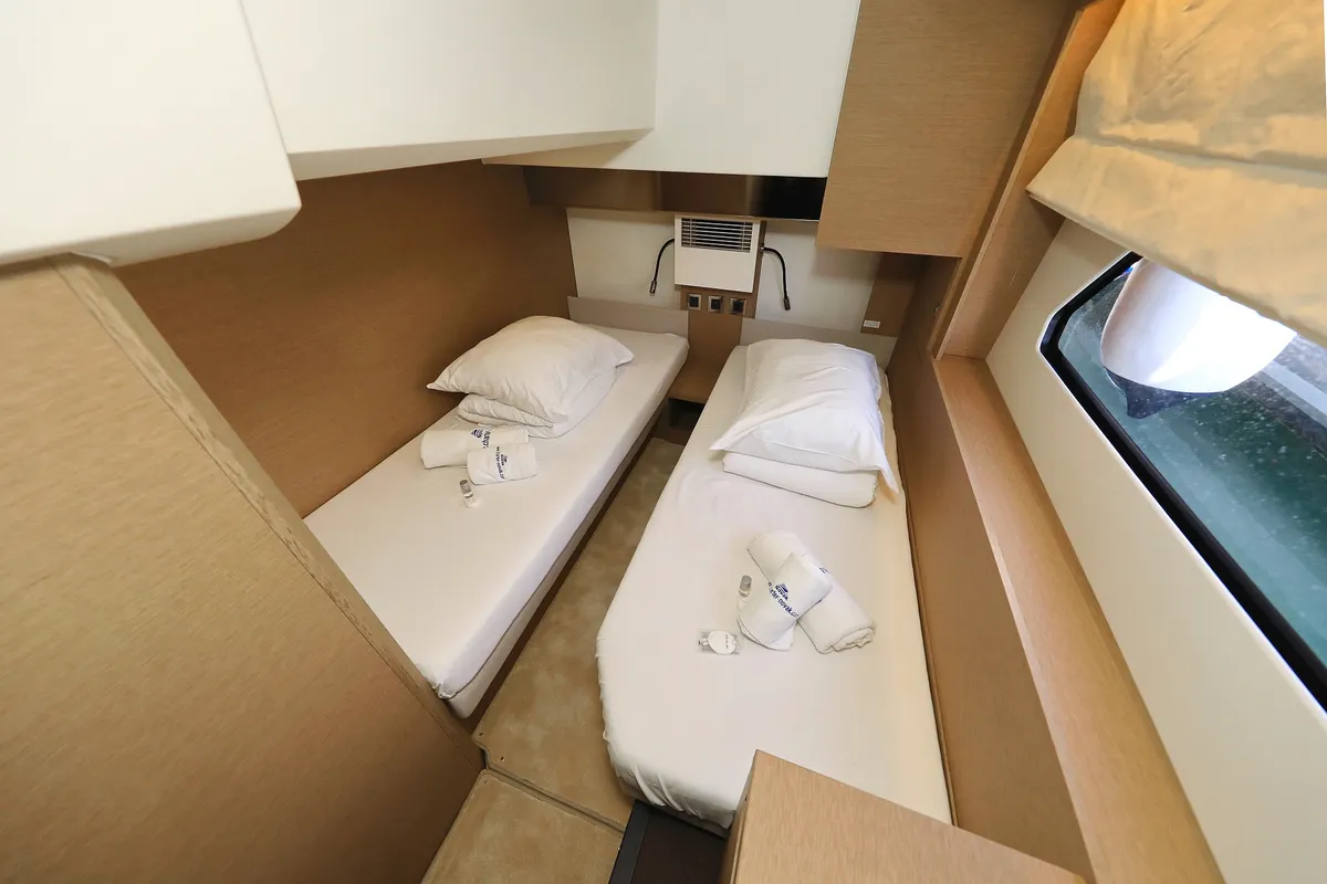 Cabin on Ferus, a Jeanneau Prestige 460 Fly motor yacht at Grad Biograd na Moru, Croatia
