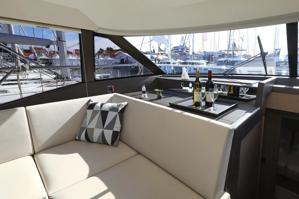 Salon of Ferus, a Jeanneau Prestige 460 Fly motor yacht at Grad Biograd na Moru, Croatia