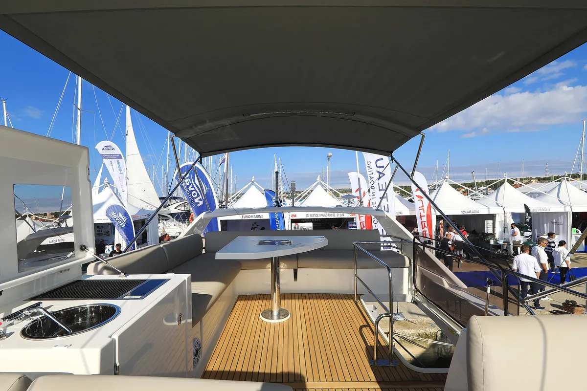 Deck of Ferus, a Jeanneau Prestige 460 Fly motor yacht at Grad Biograd na Moru, Croatia