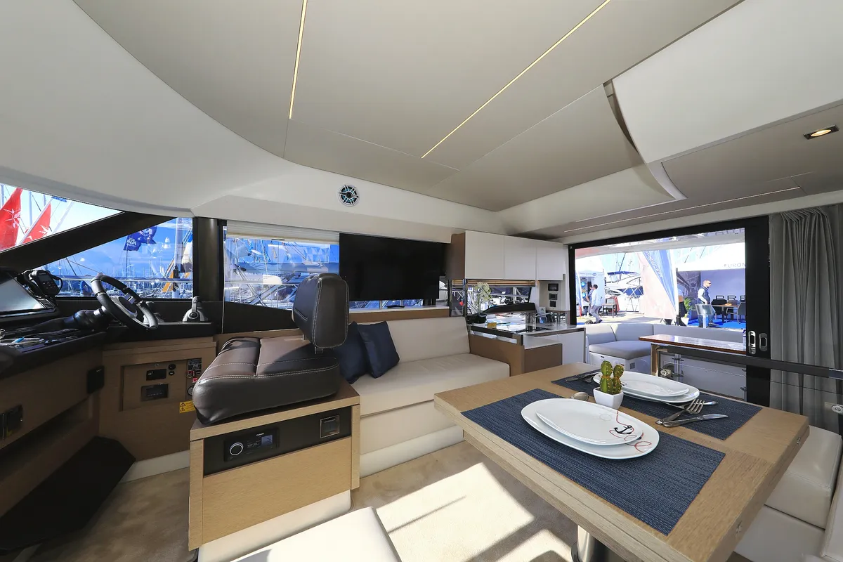Salon of Ferus, a Jeanneau Prestige 460 Fly motor yacht at Grad Biograd na Moru, Croatia
