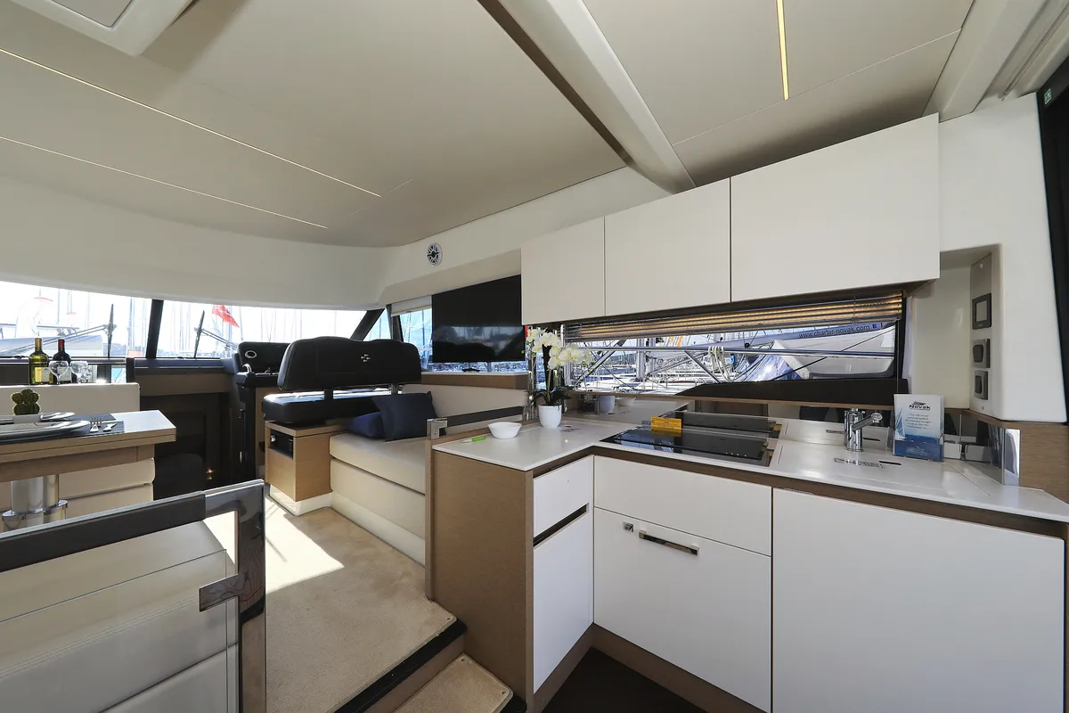 Galley of Ferus, a Jeanneau Prestige 460 Fly motor yacht at Grad Biograd na Moru, Croatia