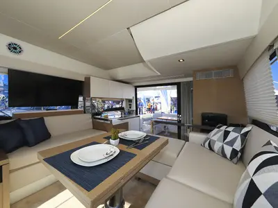 Salon of Ferus, a Jeanneau Prestige 460 Fly motor yacht at Grad Biograd na Moru, Croatia