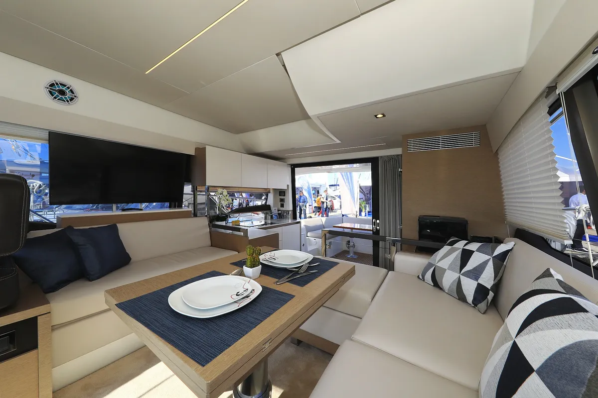Salon of Ferus, a Jeanneau Prestige 460 Fly motor yacht at Grad Biograd na Moru, Croatia