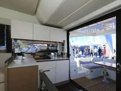 Galley of Ferus, a Jeanneau Prestige 460 Fly motor yacht at Grad Biograd na Moru, Croatia