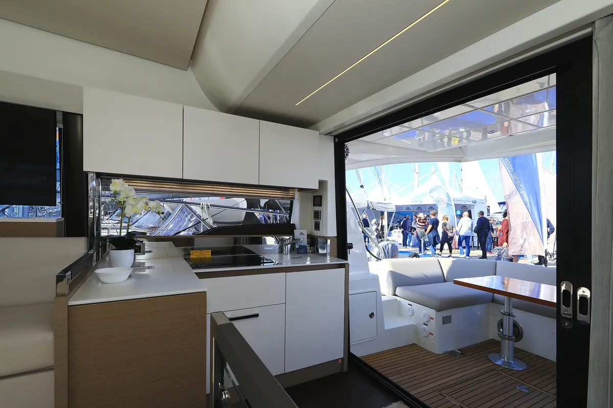 Galley of Ferus, a Jeanneau Prestige 460 Fly motor yacht at Grad Biograd na Moru, Croatia