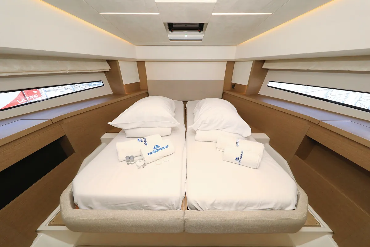 Cabin on Ferus, a Jeanneau Prestige 460 Fly motor yacht at Grad Biograd na Moru, Croatia