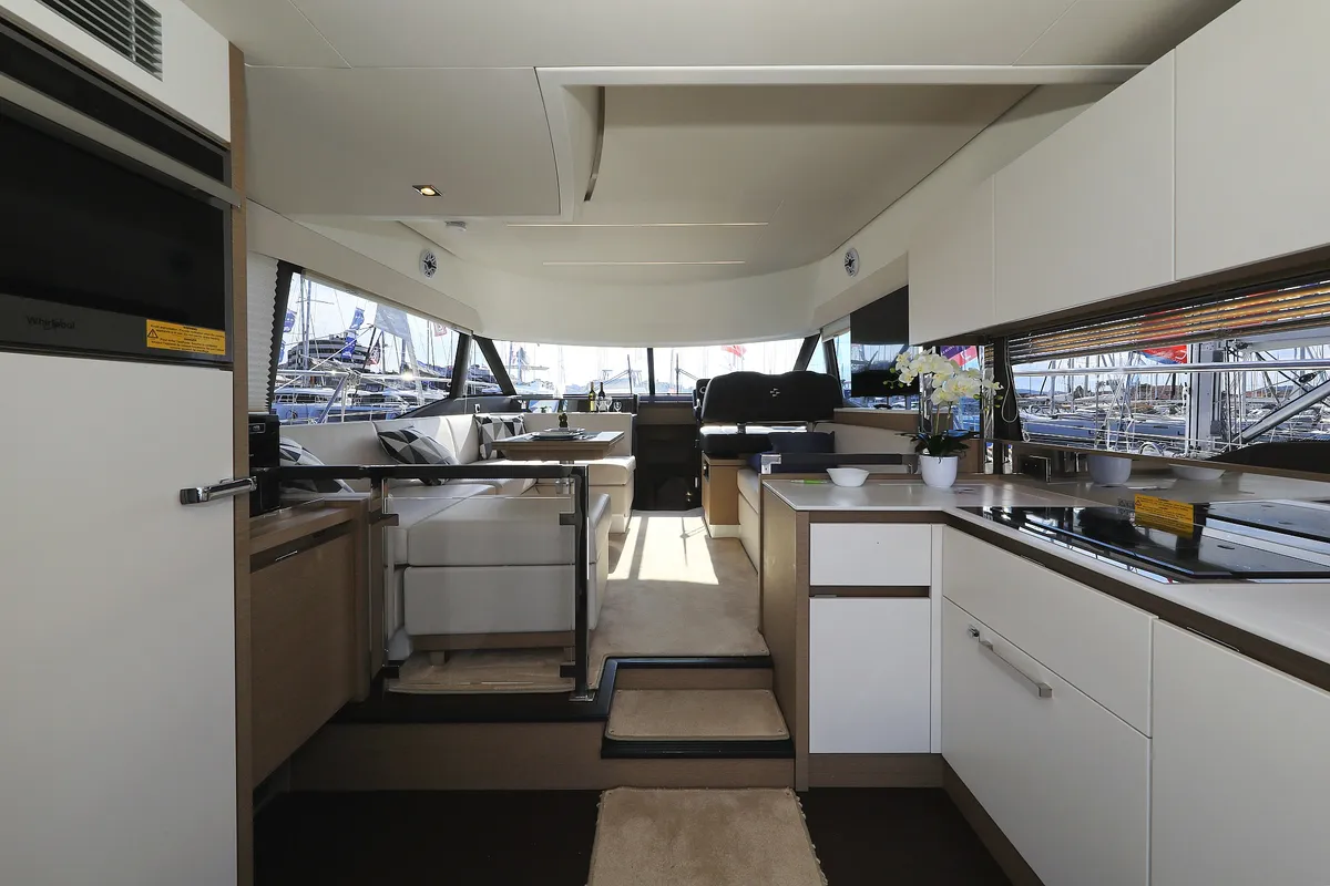 Galley of Ferus, a Jeanneau Prestige 460 Fly motor yacht at Grad Biograd na Moru, Croatia