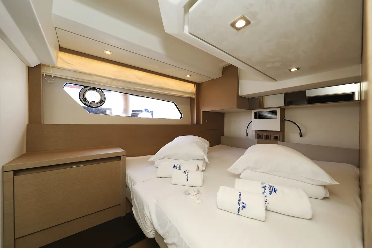 Cabin on Ferus, a Jeanneau Prestige 460 Fly motor yacht at Grad Biograd na Moru, Croatia