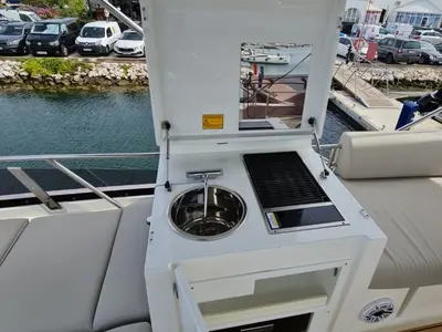 Deck of Ferus, a Jeanneau Prestige 460 Fly motor yacht at Grad Biograd na Moru, Croatia