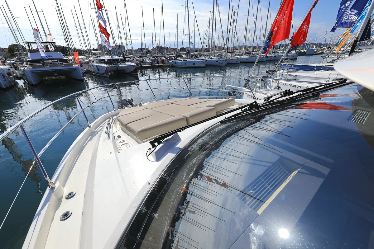 Deck of Ferus, a Jeanneau Prestige 460 Fly motor yacht at Grad Biograd na Moru, Croatia