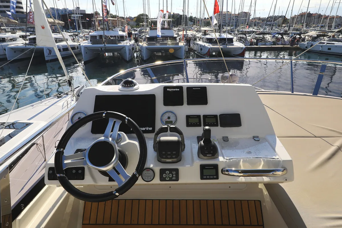 Cockpit of Ferus, a Jeanneau Prestige 460 Fly motor yacht at Grad Biograd na Moru, Croatia