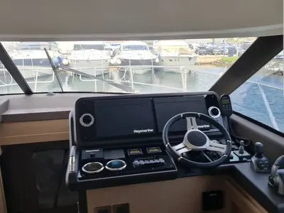 Cockpit of Ferus, a Jeanneau Prestige 460 Fly motor yacht at Grad Biograd na Moru, Croatia