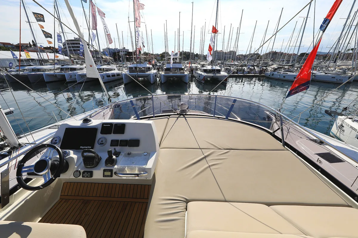 Deck of Ferus, a Jeanneau Prestige 460 Fly motor yacht at Grad Biograd na Moru, Croatia
