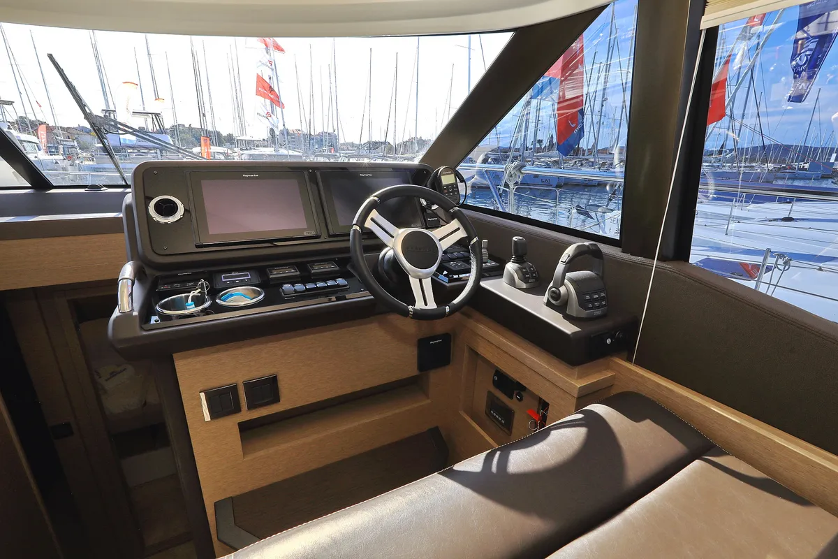 Cockpit of Ferus, a Jeanneau Prestige 460 Fly motor yacht at Grad Biograd na Moru, Croatia